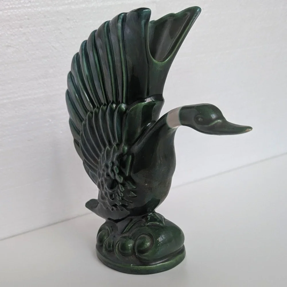 Royal Haeger Ceramic Ring Neck Duck Vase Green Drip Glaze Bird Decor MCM